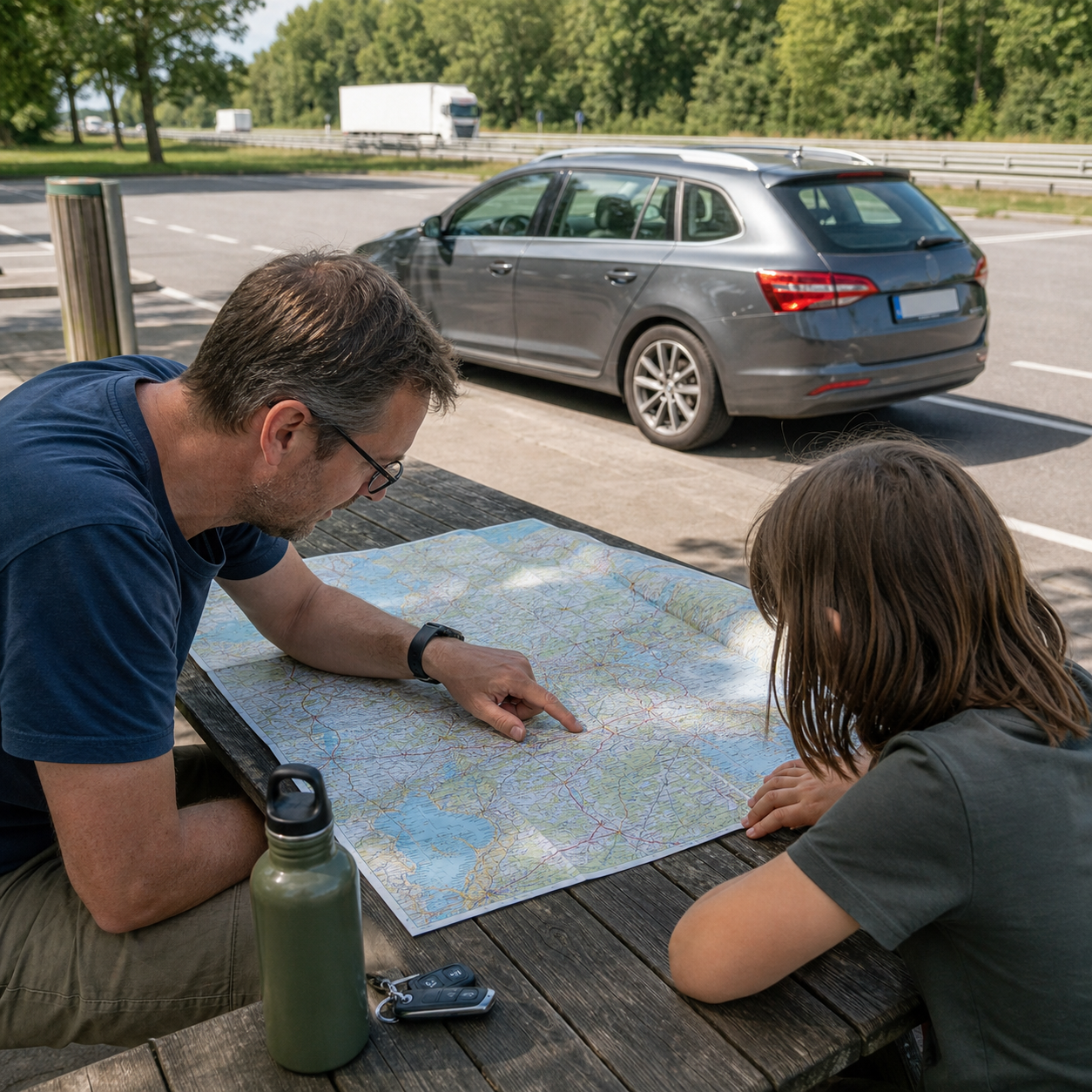 Auto rijdt voorzichtig over een natte weg met plassen en spoorvorming