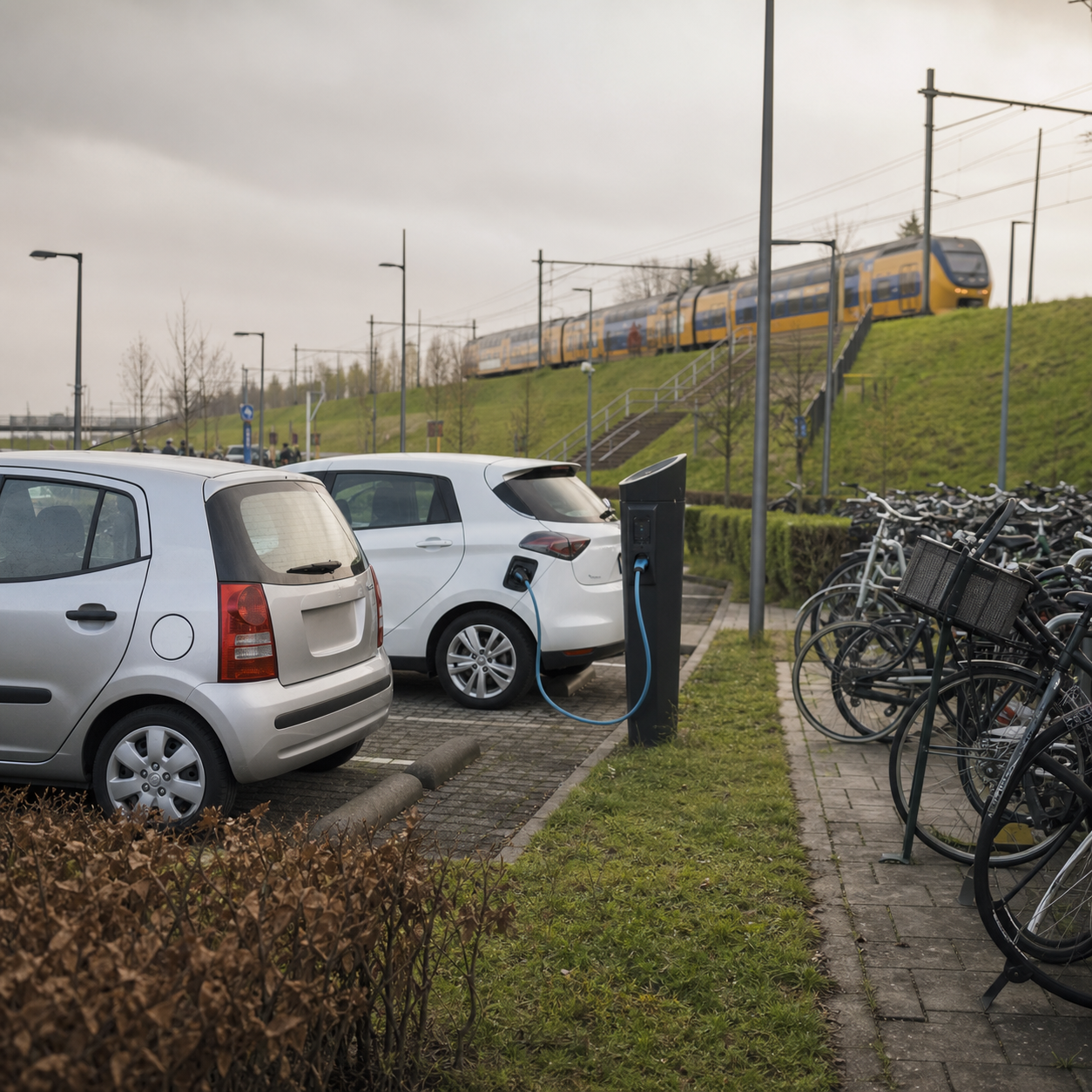 Compacte auto, elektrische auto, fietsen en trein bij een Nederlands overstappunt