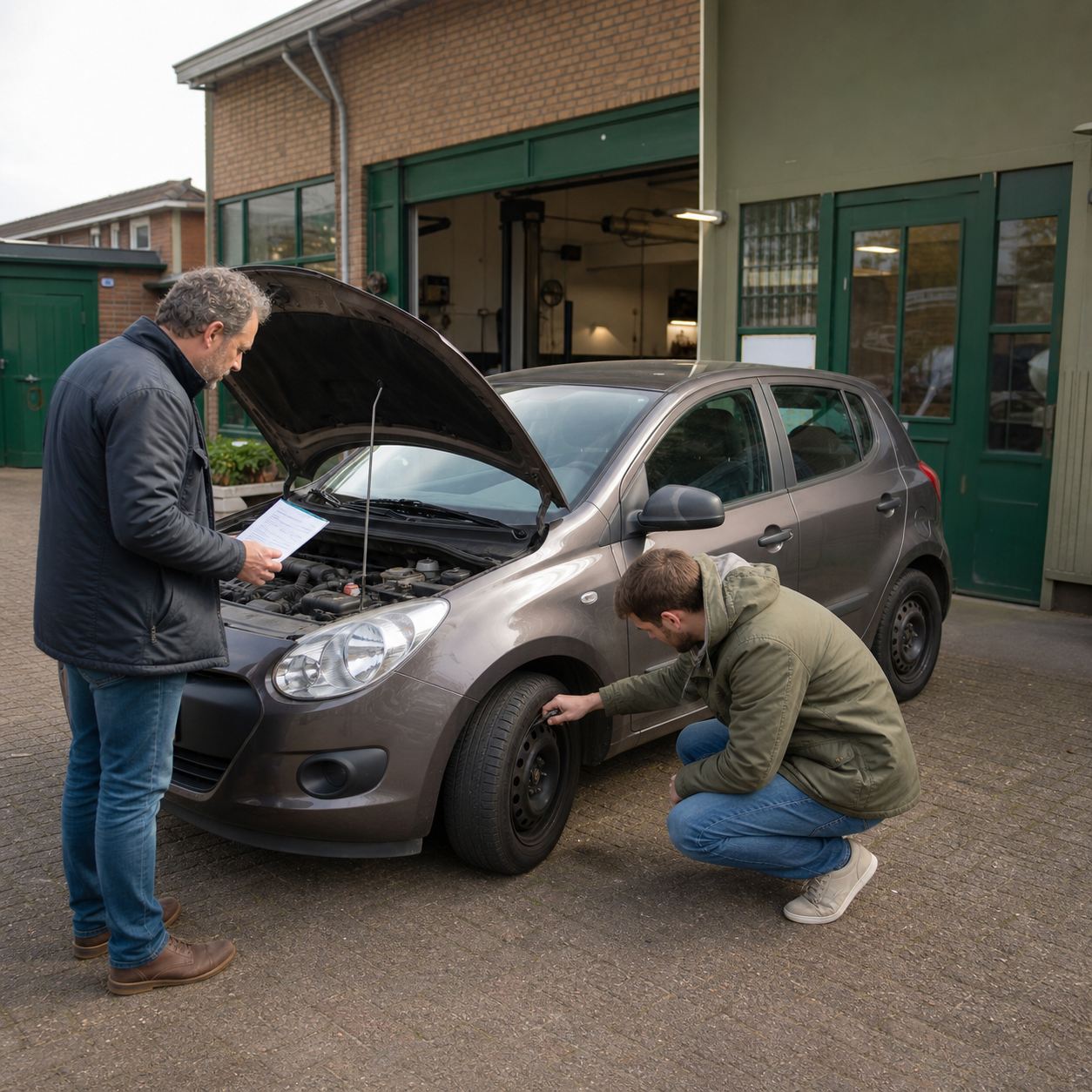 Koper controleert een autoband terwijl een tweede persoon onder de open motorkap kijkt