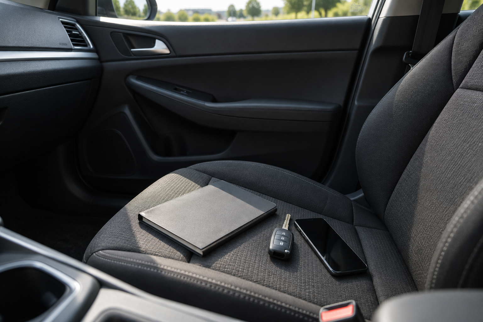 Notitieboek, autosleutel en telefoon op een autostoel