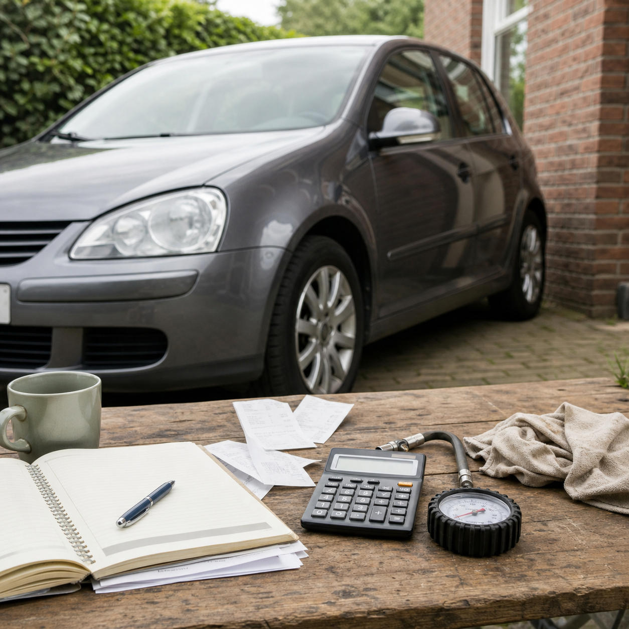 Rekenmachine, notitieboek, bonnetjes en bandenspanningsmeter voor een auto op de oprit
